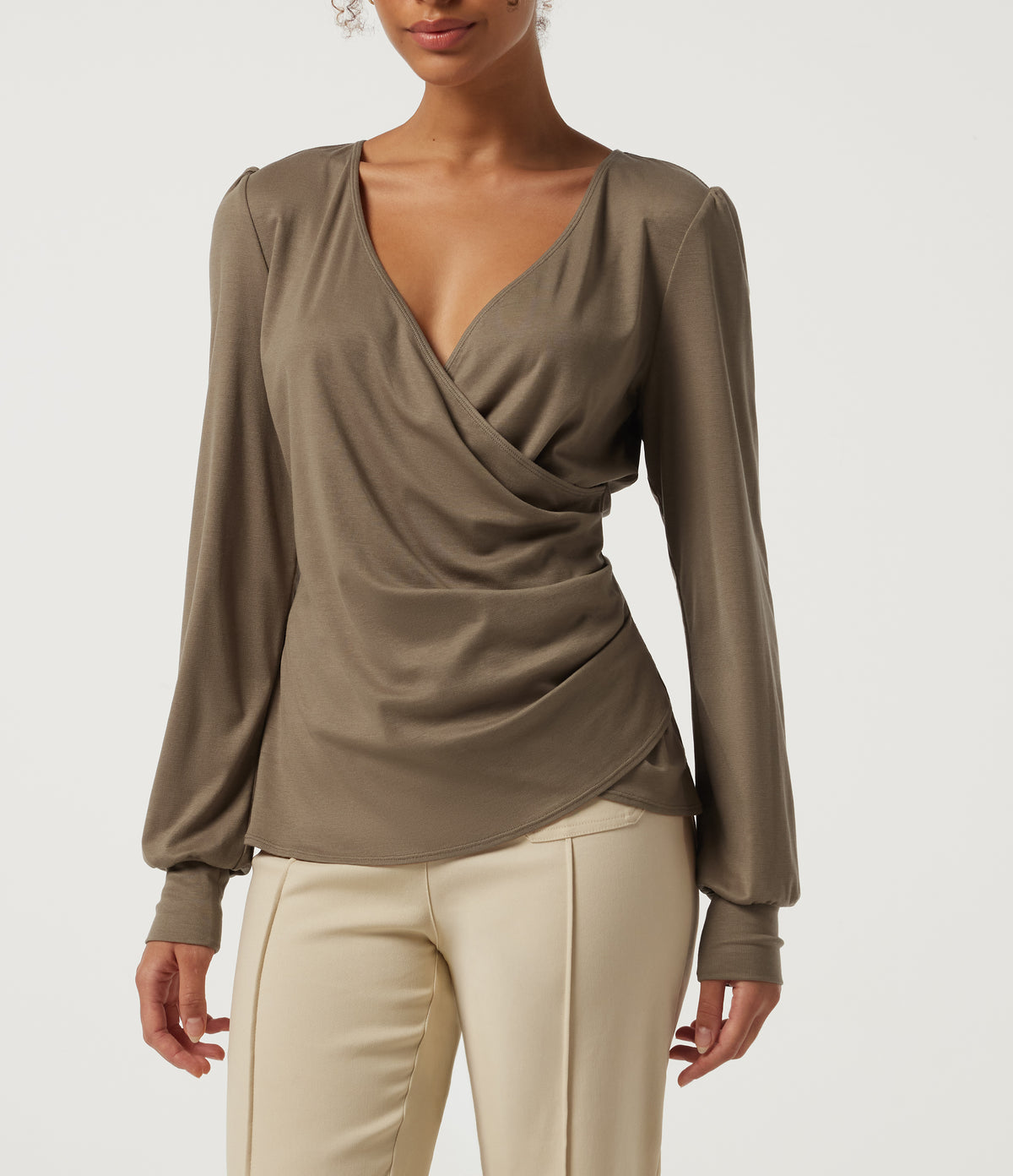 V Neck Long Sleeve Curved Hem Casual Top — Dark Truffle — view 5