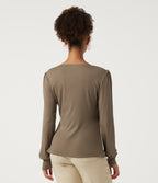 V Neck Long Sleeve Curved Hem Casual Top — Dark Truffle — view 2