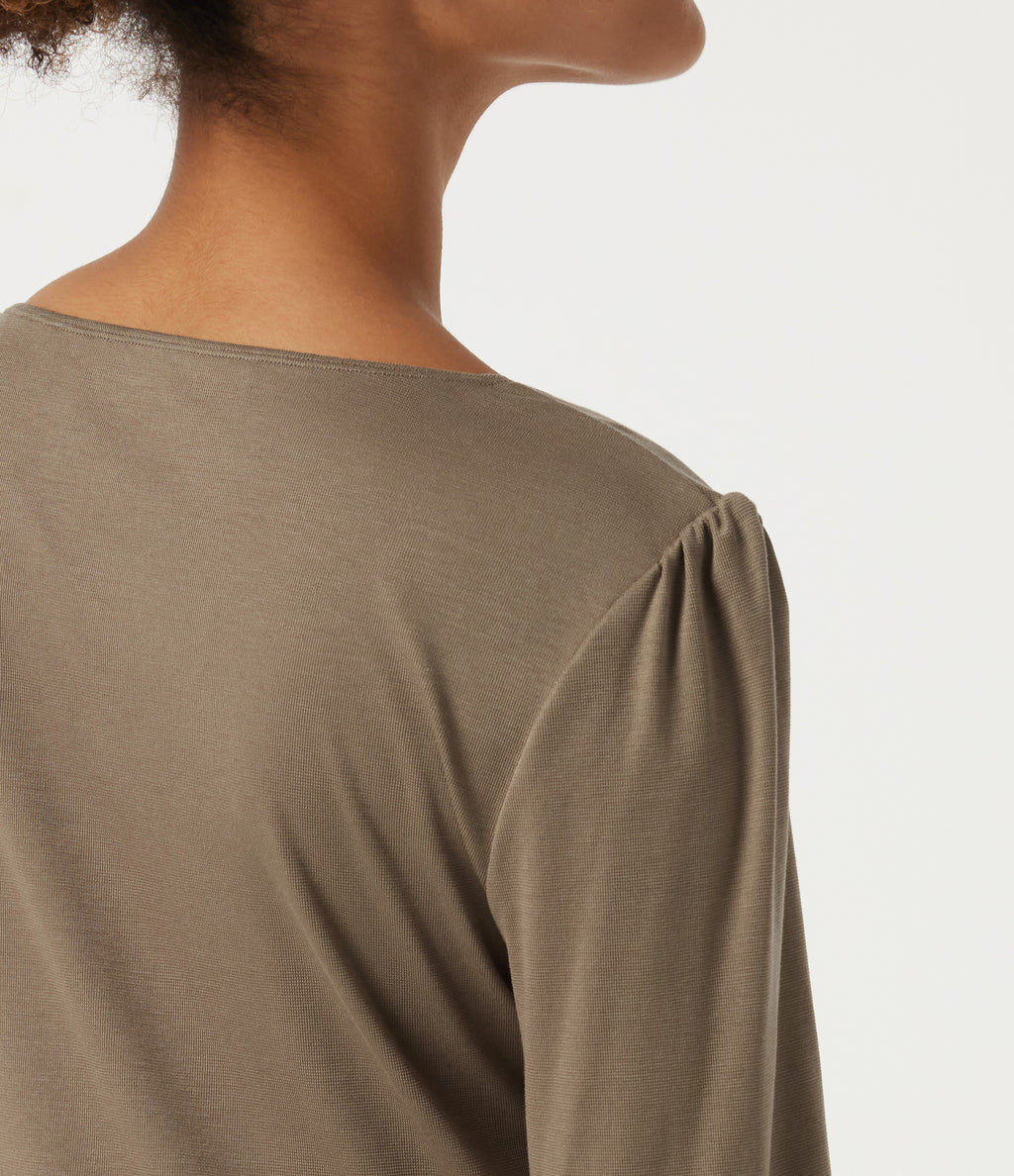 V Neck Long Sleeve Curved Hem Casual Top — Dark Truffle — view 7