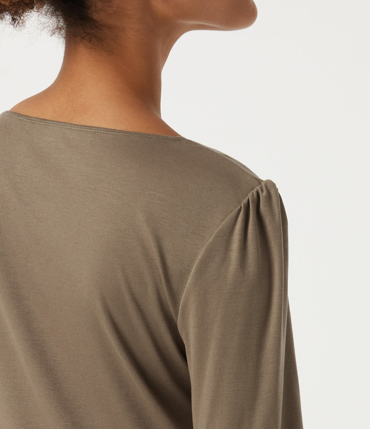 V Neck Long Sleeve Curved Hem Casual Top — Dark Truffle — view 7