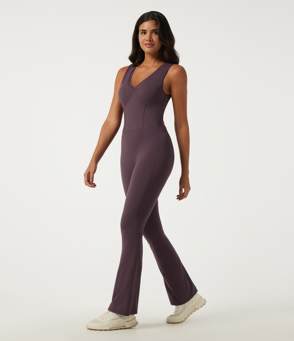 Airy V Neck Sleeveless Contrast Lace Yoga Jumpsuit with Built-in Bra - Edition — Potent Purple — view 3