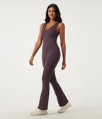 Airy V Neck Sleeveless Contrast Lace Yoga Jumpsuit with Built-in Bra - Edition — Potent Purple — view 3