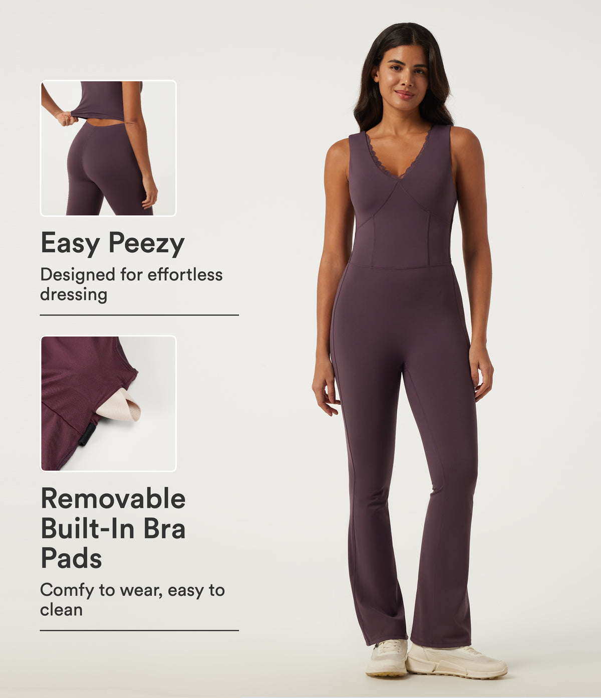 Airy V Neck Sleeveless Contrast Lace Yoga Jumpsuit with Built-in Bra - Edition — Potent Purple — view 1