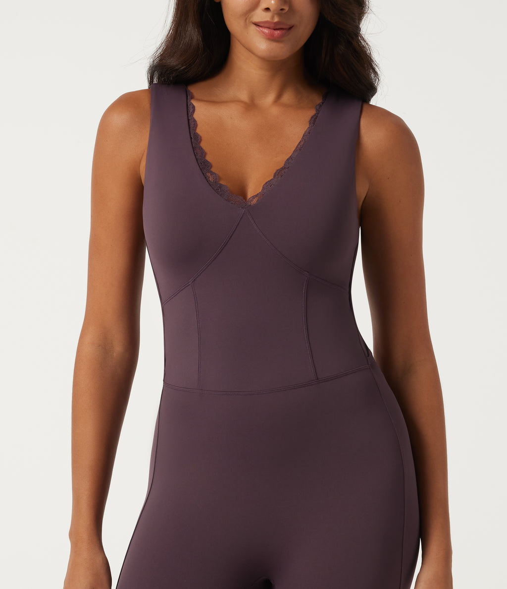 Airy V Neck Sleeveless Contrast Lace Yoga Jumpsuit with Built-in Bra - Edition — Potent Purple — view 4