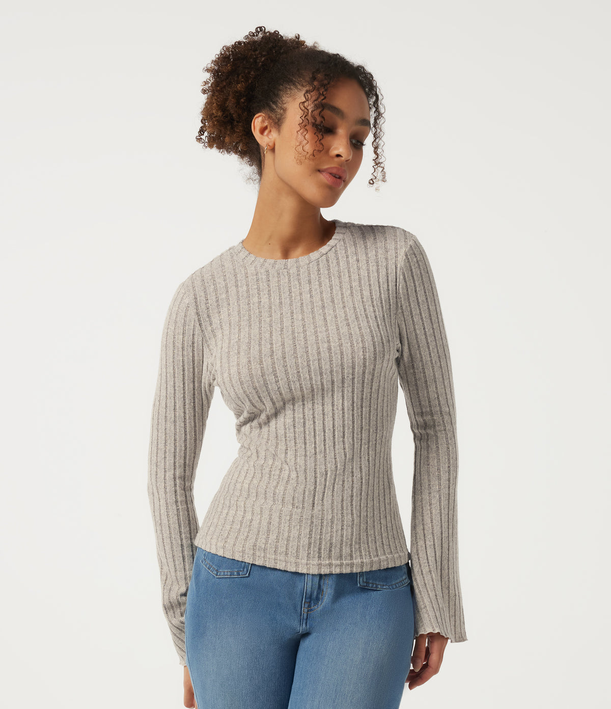 Round Neck Flounce Long Sleeve Lettuce Trim Lounging Top — Warm Grey Floral Velvet — view 4