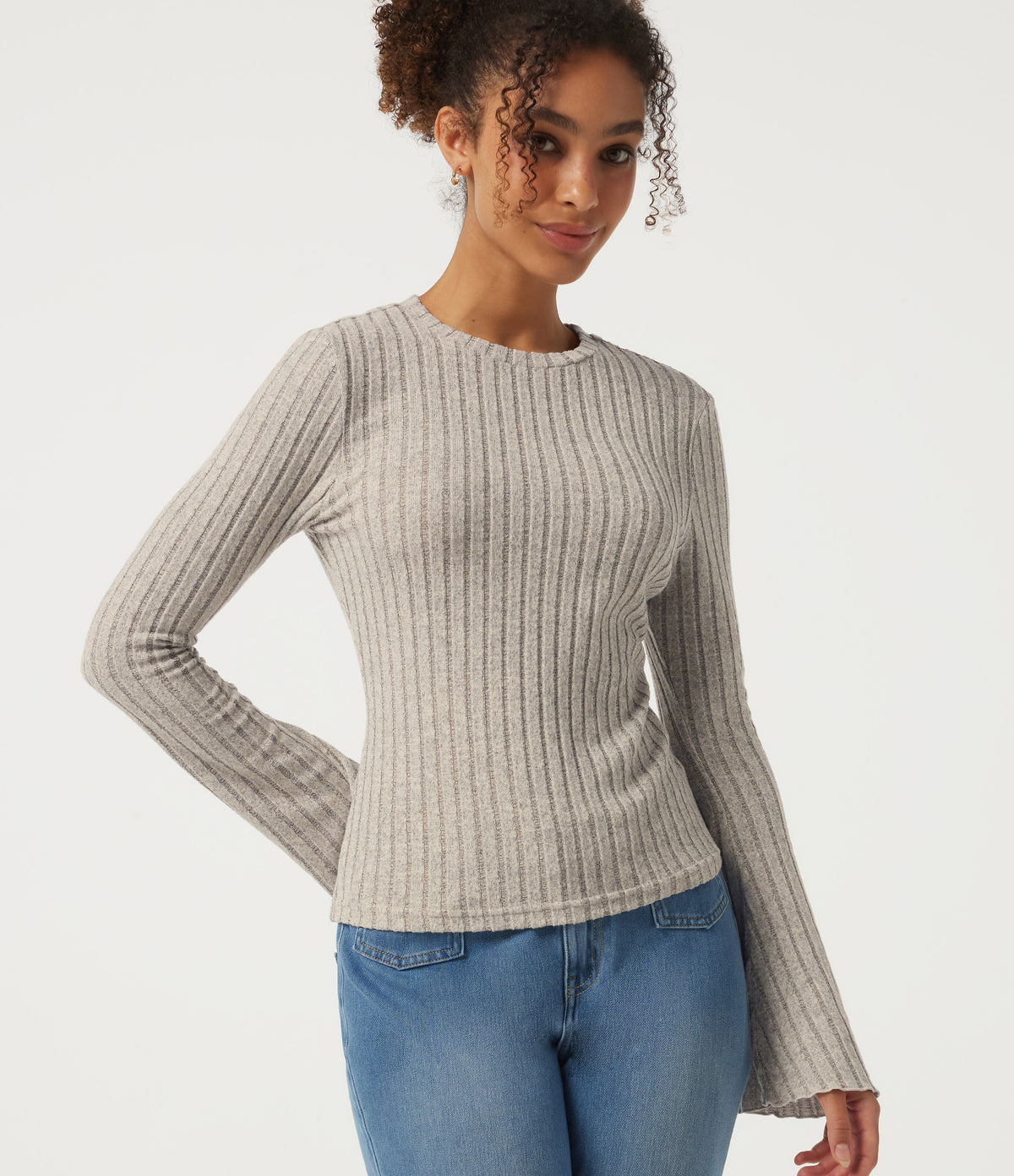 Round Neck Flounce Long Sleeve Lettuce Trim Lounging Top — Warm Grey Floral Velvet — view 1