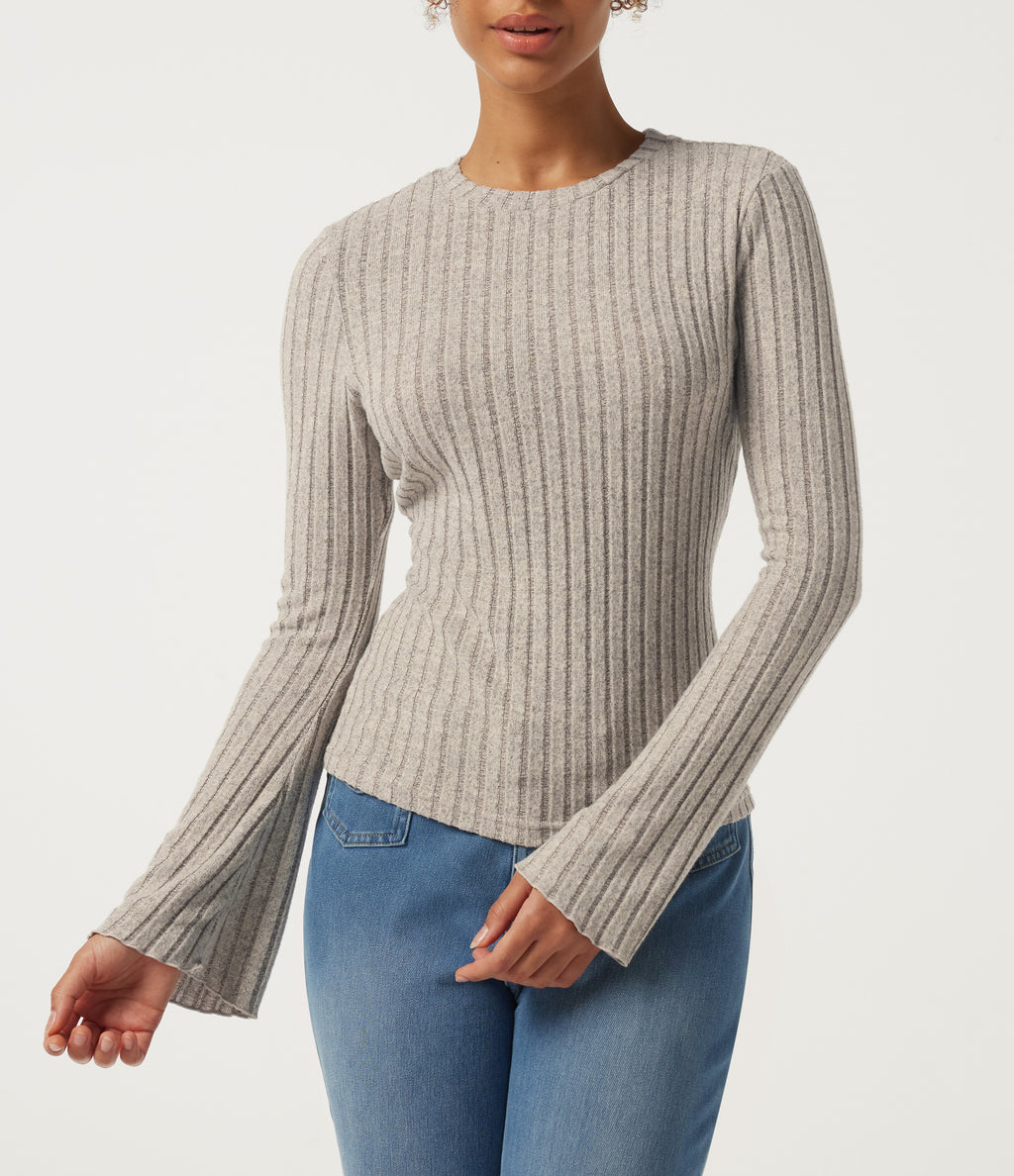 Round Neck Flounce Long Sleeve Lettuce Trim Lounging Top — Warm Grey Floral Velvet — view 5