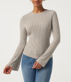 Round Neck Flounce Long Sleeve Lettuce Trim Lounging Top — Warm Grey Floral Velvet — view 5