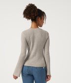 Round Neck Flounce Long Sleeve Lettuce Trim Lounging Top — Warm Grey Floral Velvet — view 2
