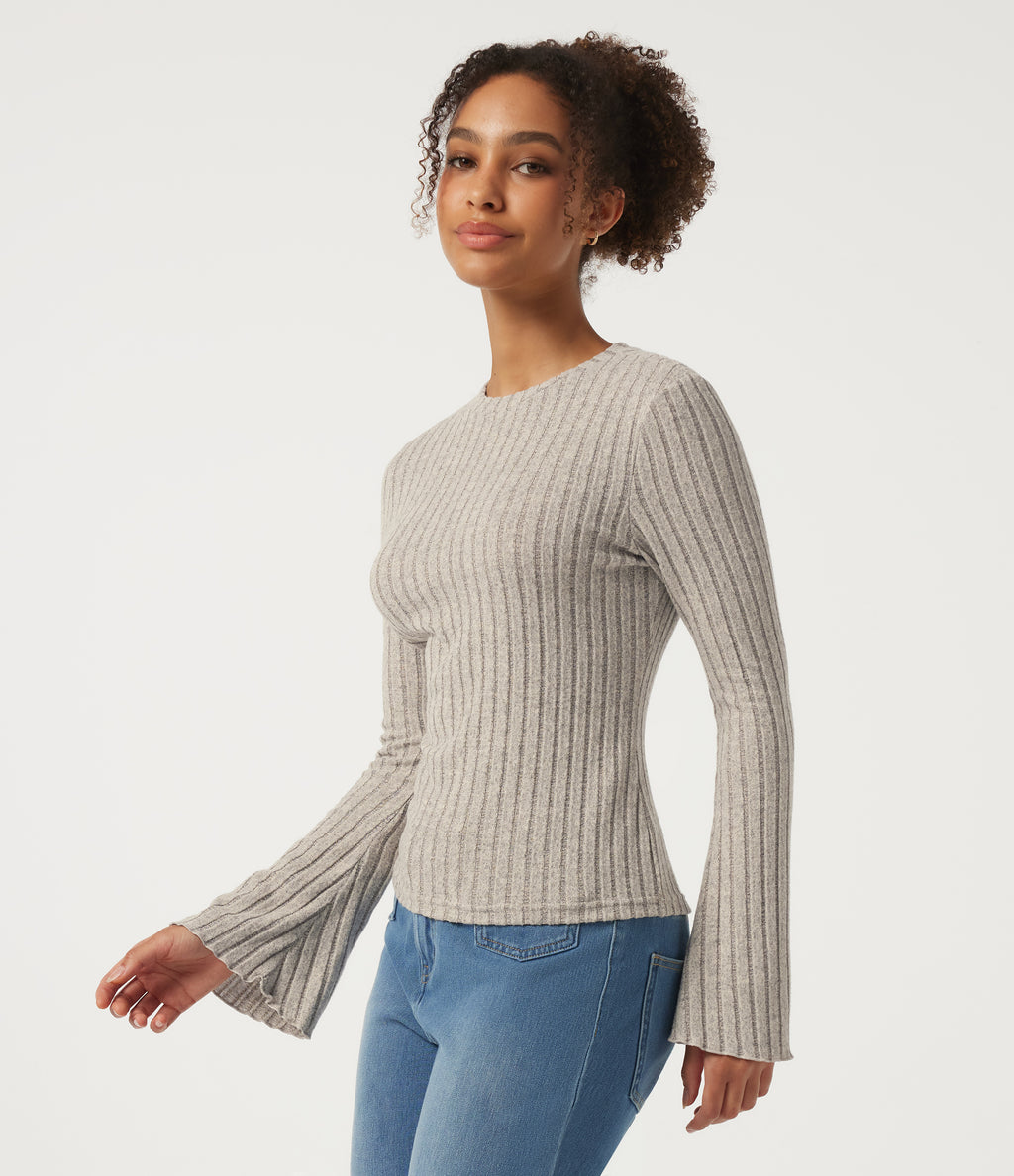 Round Neck Flounce Long Sleeve Lettuce Trim Lounging Top — Warm Grey Floral Velvet — view 3