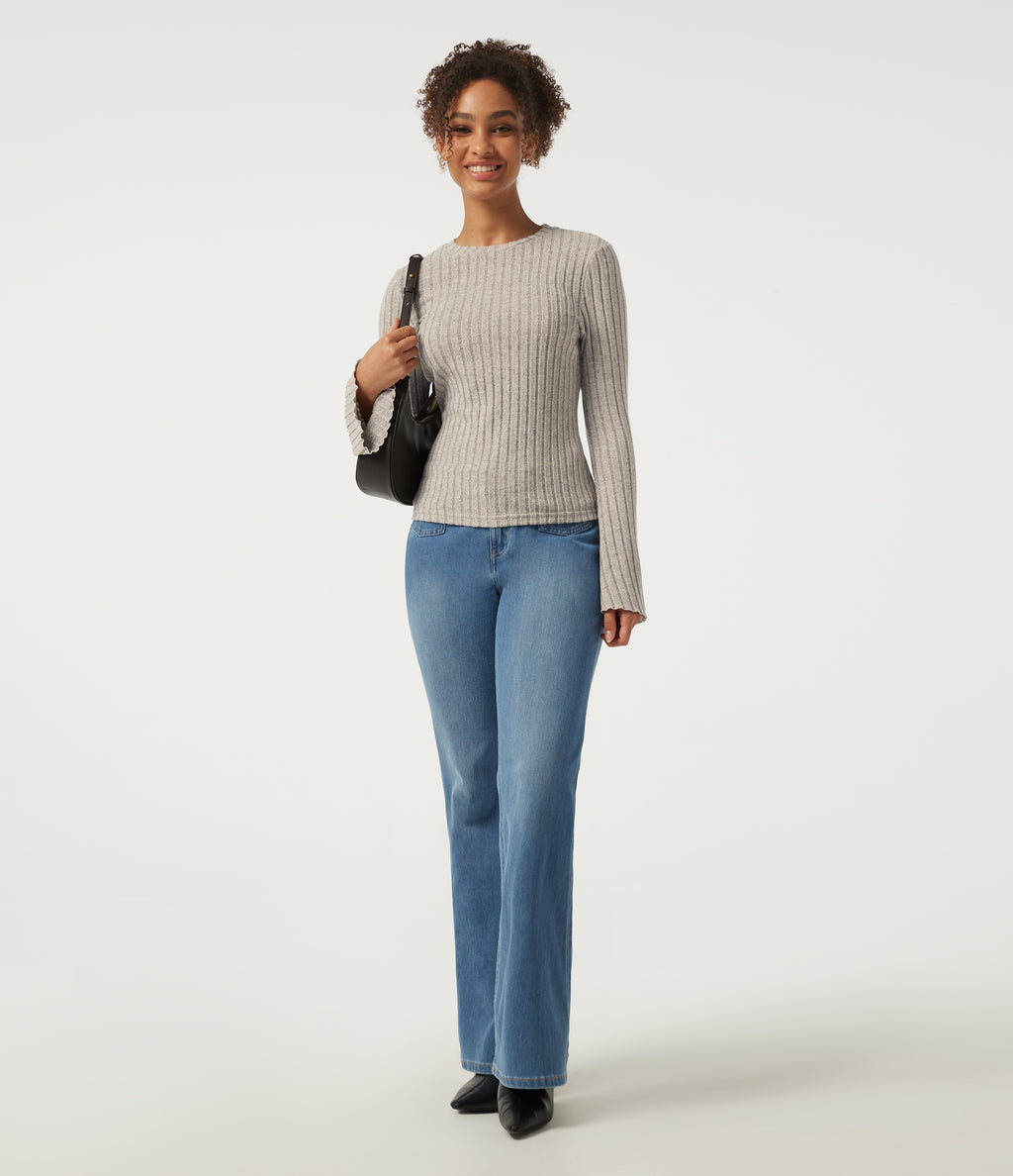 Round Neck Flounce Long Sleeve Lettuce Trim Lounging Top — Warm Grey Floral Velvet — view 7