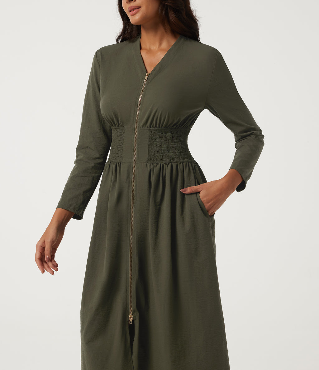 V Neck Long Sleeve A-Line Work Midi Dress with Pockets — Ivy Green — view 4