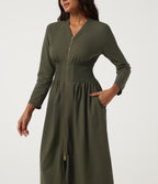 V Neck Long Sleeve A-Line Work Midi Dress with Pockets — Ivy Green — view 4
