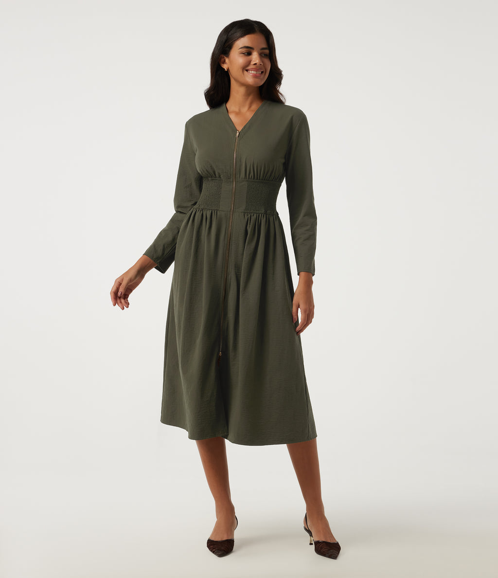 V Neck Long Sleeve A-Line Work Midi Dress with Pockets — Ivy Green — view 1
