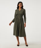 V Neck Long Sleeve A-Line Work Midi Dress with Pockets — Ivy Green — view 1