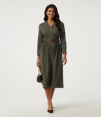 V Neck Long Sleeve A-Line Work Midi Dress with Pockets — Ivy Green — view 6