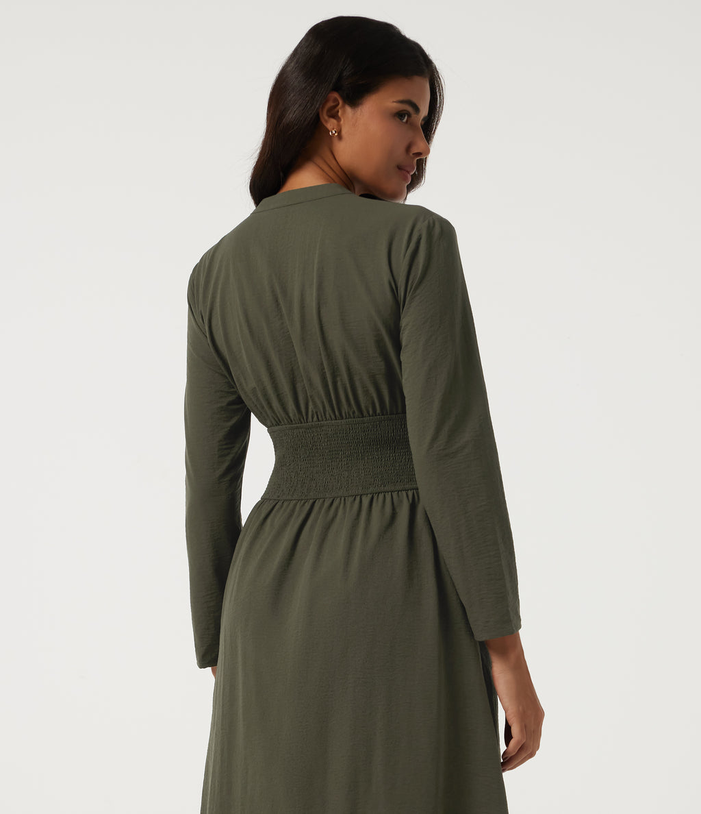 V Neck Long Sleeve A-Line Work Midi Dress with Pockets — Ivy Green — view 5