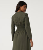 V Neck Long Sleeve A-Line Work Midi Dress with Pockets — Ivy Green — view 5