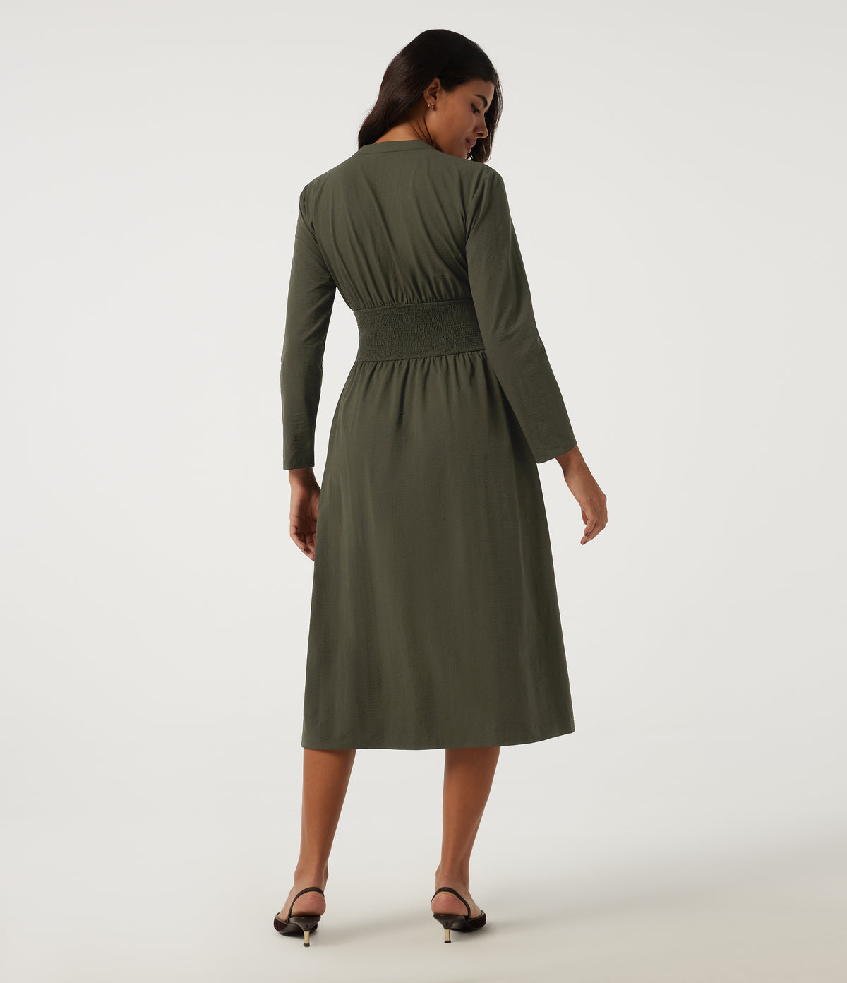 V Neck Long Sleeve A-Line Work Midi Dress with Pockets — Ivy Green — view 2