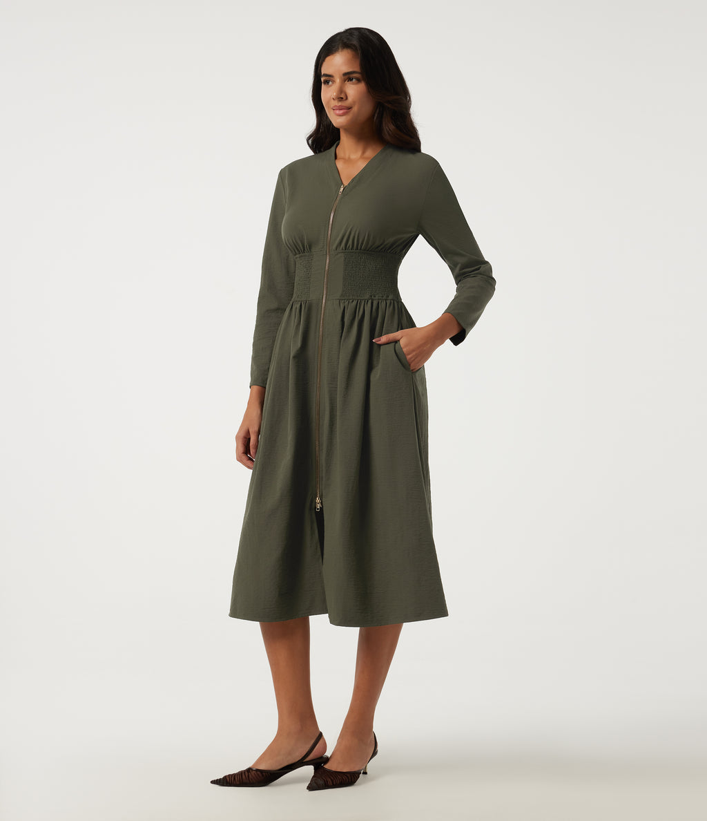 V Neck Long Sleeve A-Line Work Midi Dress with Pockets — Ivy Green — view 3