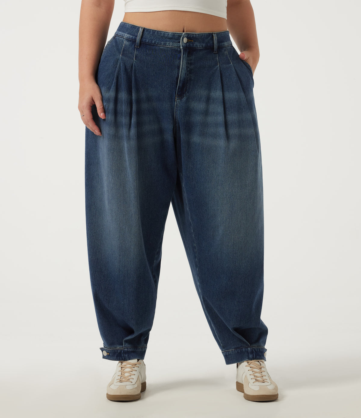 Plus Size Mid Rise Casual Cotton Jeans with Pockets — Pageant Blue Denim — view 1