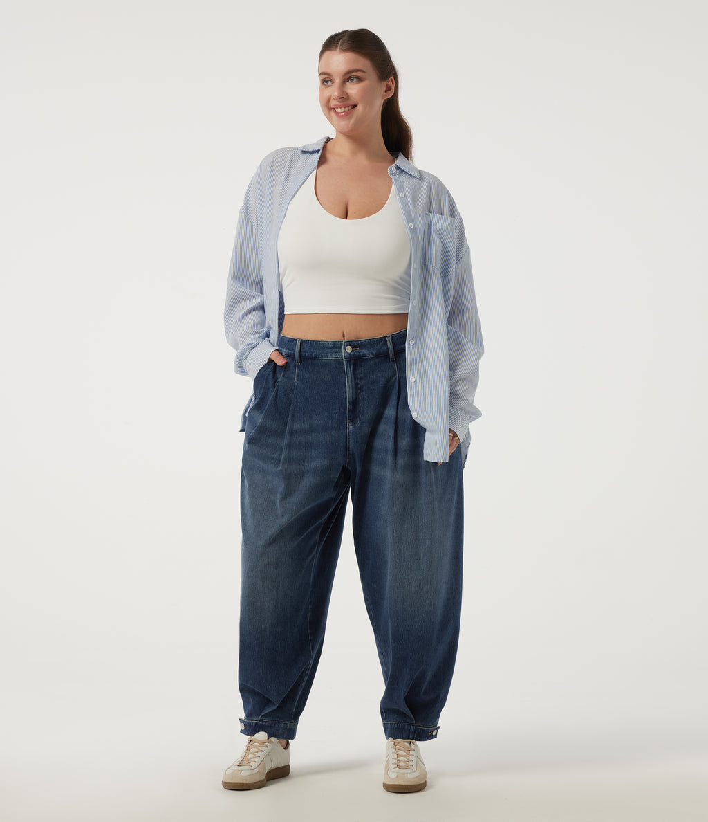Plus Size Mid Rise Casual Cotton Jeans with Pockets — Pageant Blue Denim — view 7