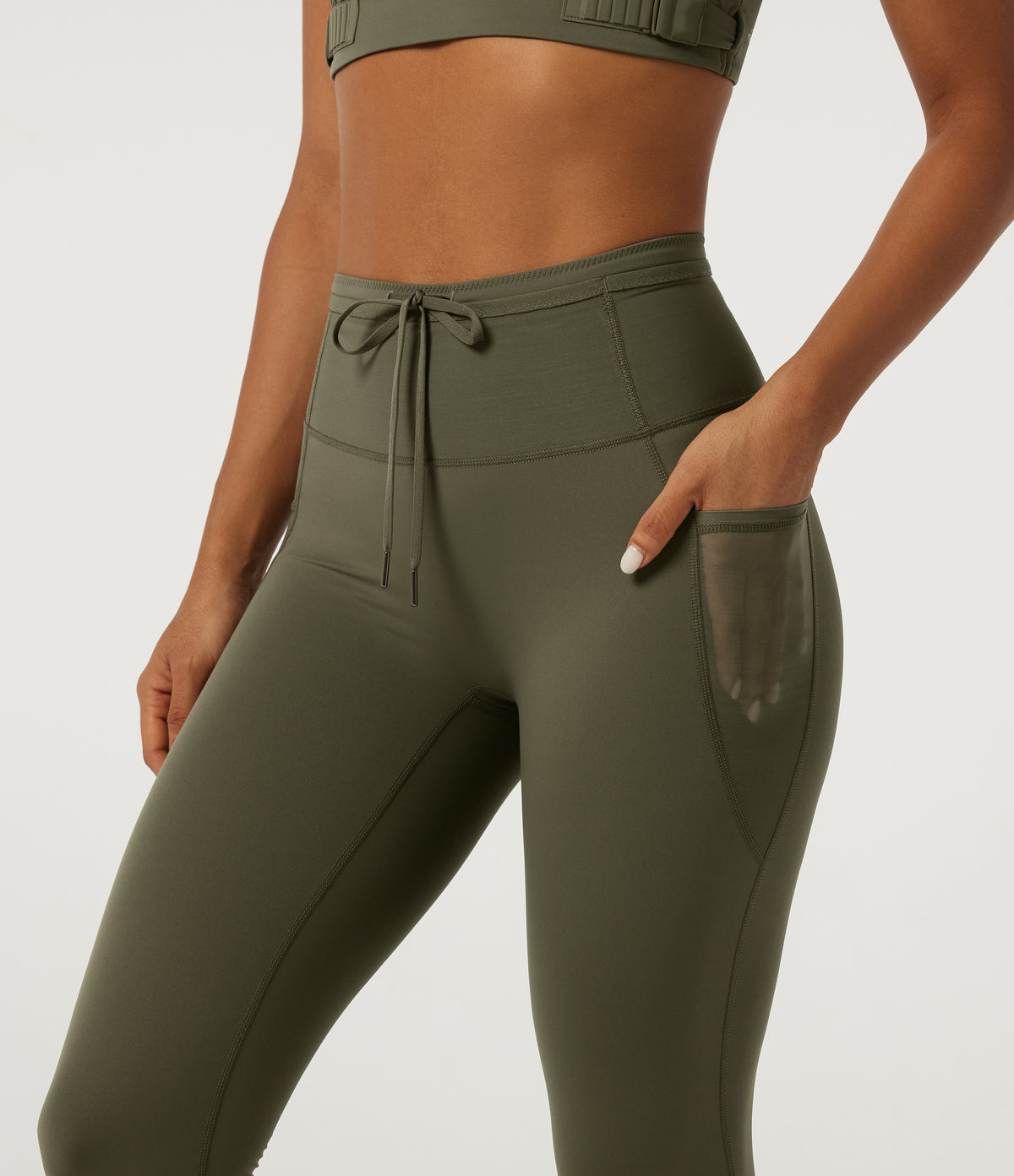 Quick Dry High Waisted Drawstring Tummy Control Running Leggings with Pockets — Grass Grey Green — view 5