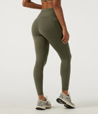 Quick Dry High Waisted Drawstring Tummy Control Running Leggings with Pockets — Grass Grey Green — view 2