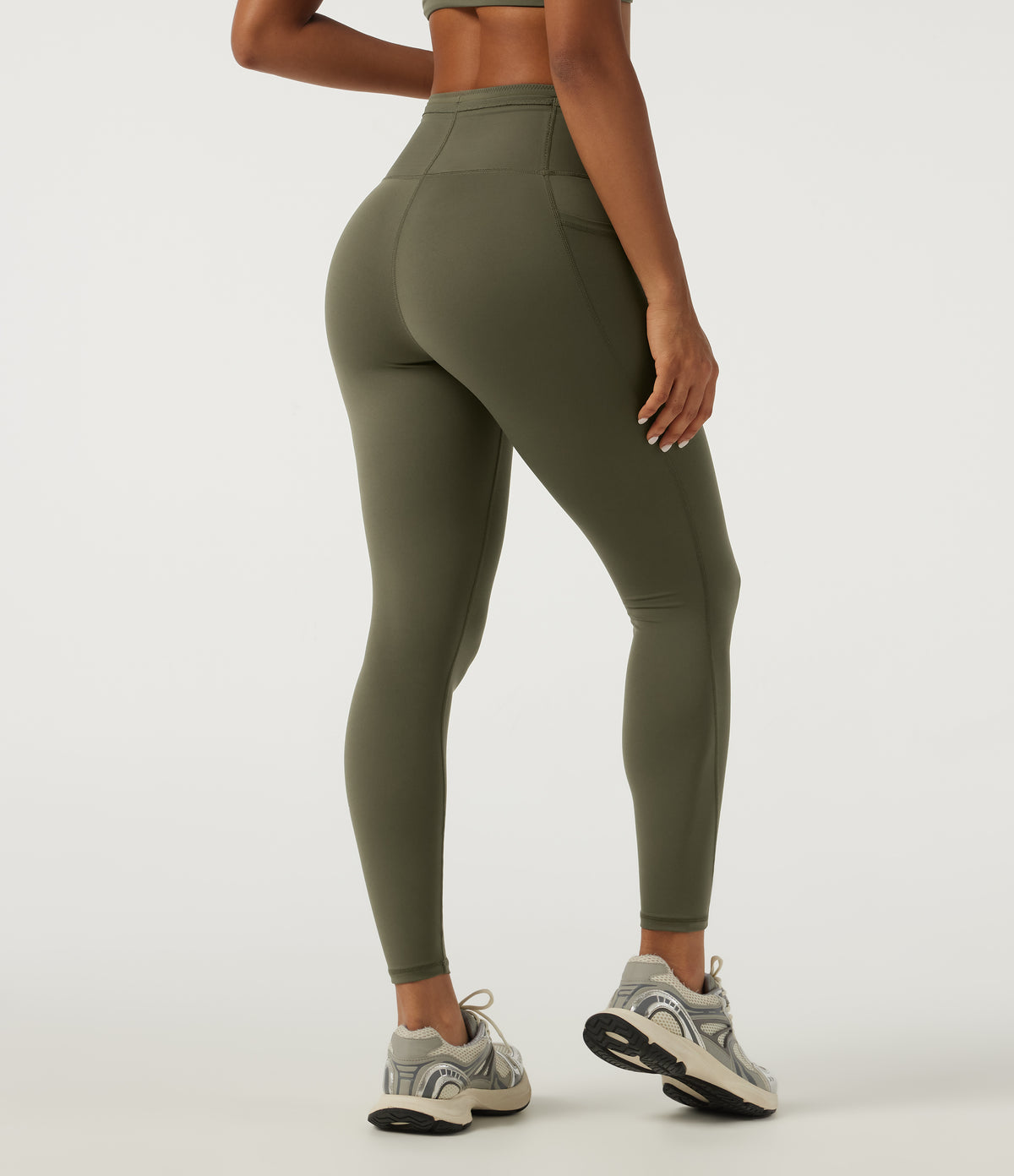 Quick Dry High Waisted Drawstring Tummy Control Running Leggings with Pockets — Grass Grey Green — view 2