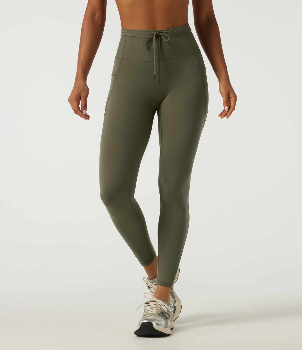 Quick Dry High Waisted Drawstring Tummy Control Running Leggings with Pockets — Grass Grey Green — view 3