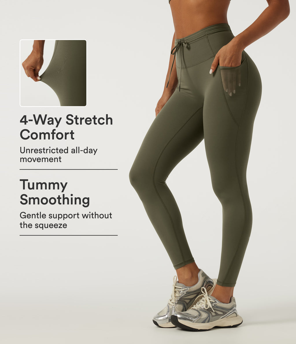 Quick Dry High Waisted Drawstring Tummy Control Running Leggings with Pockets — Grass Grey Green — view 1