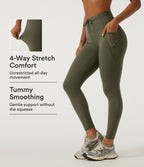 Quick Dry High Waisted Drawstring Tummy Control Running Leggings with Pockets — Grass Grey Green — view 1