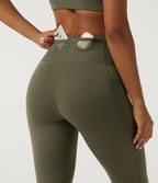 Quick Dry High Waisted Drawstring Tummy Control Running Leggings with Pockets — Grass Grey Green — view 6