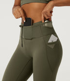 Quick Dry High Waisted Drawstring Tummy Control Running Leggings with Pockets — Grass Grey Green — view 7