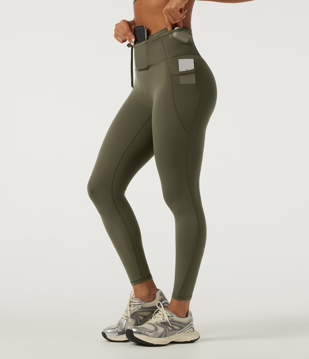 Quick Dry High Waisted Drawstring Tummy Control Running Leggings with Pockets — Grass Grey Green — view 4