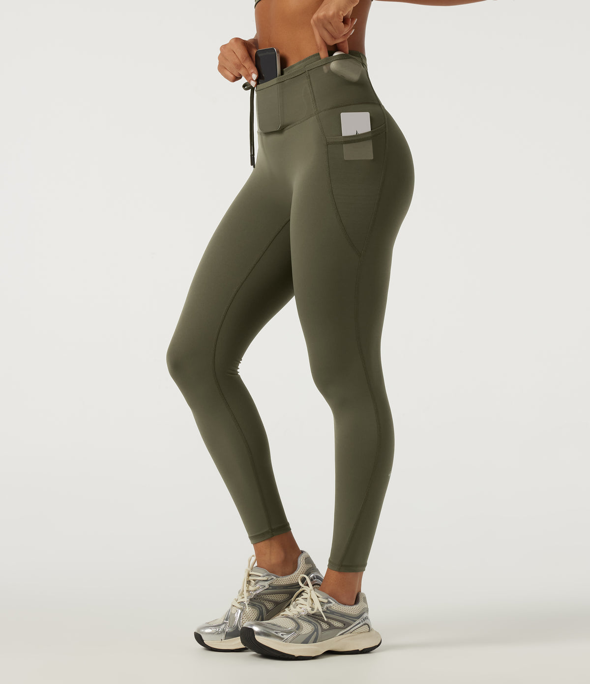 Quick Dry High Waisted Drawstring Tummy Control Running Leggings with Pockets — Grass Grey Green — view 4