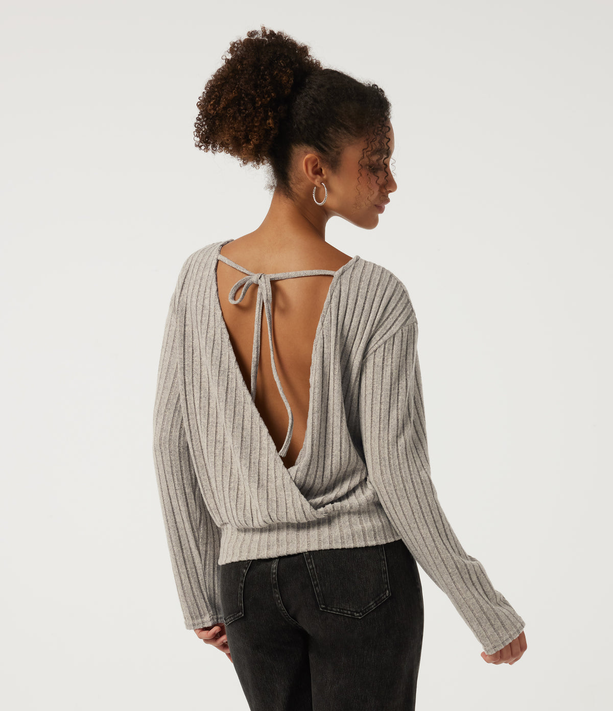 Long Sleeve Tie Back Lounging Top — Warm Grey Floral Velvet — view 4