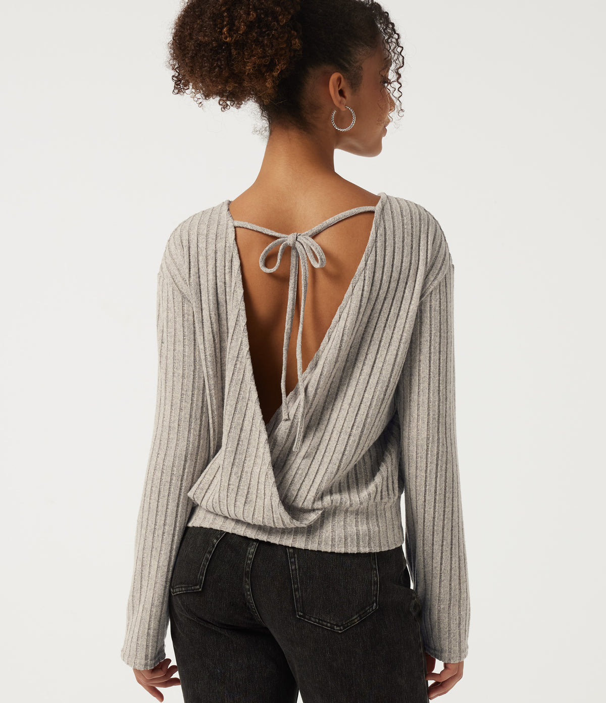 Long Sleeve Tie Back Lounging Top — Warm Grey Floral Velvet — view 1