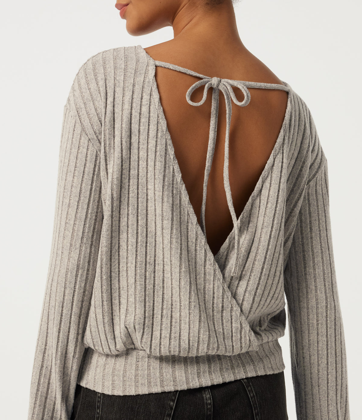Long Sleeve Tie Back Lounging Top — Warm Grey Floral Velvet — view 6