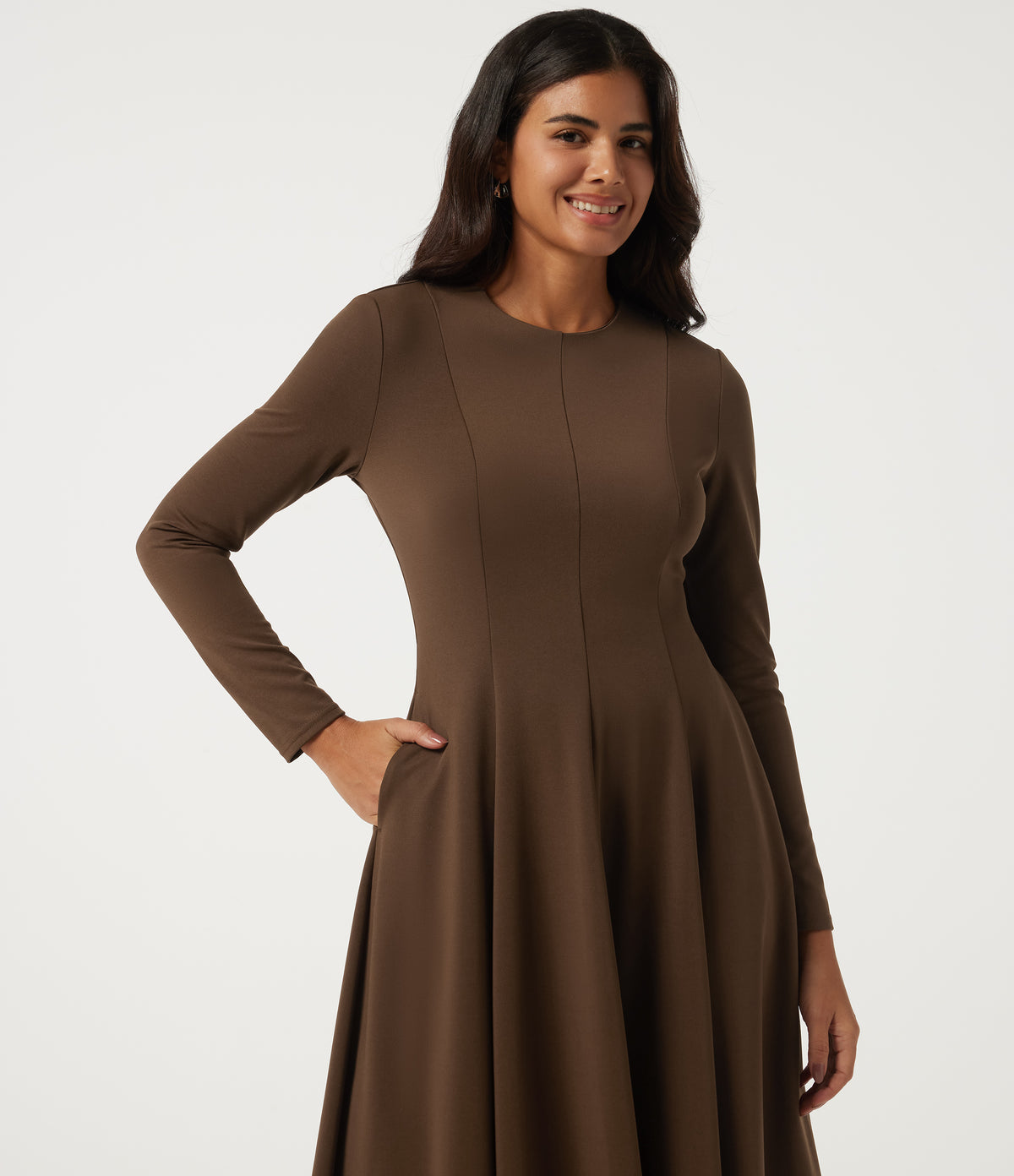 Round Neck Long Sleeve A-Line Party Midi Dress with Pockets — Cocoa — view 4