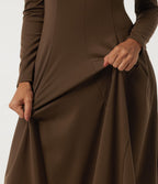 Round Neck Long Sleeve A-Line Party Midi Dress with Pockets — Cocoa — view 6