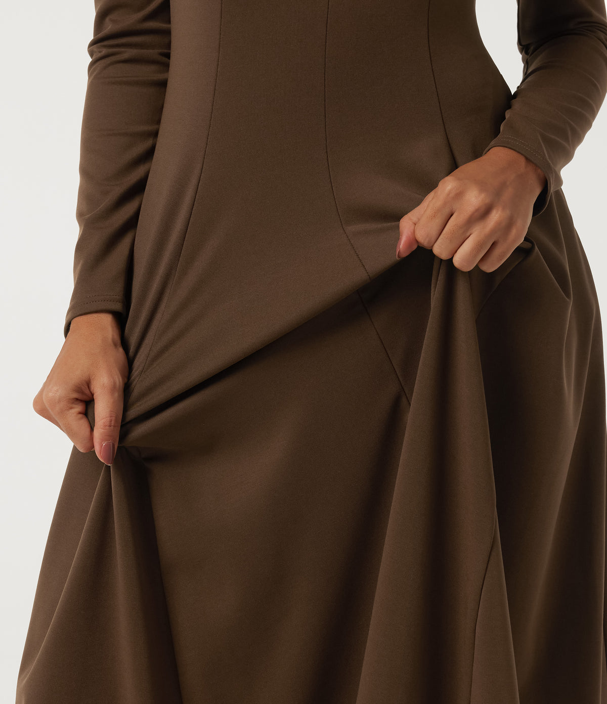 Round Neck Long Sleeve A-Line Party Midi Dress with Pockets — Cocoa — view 6