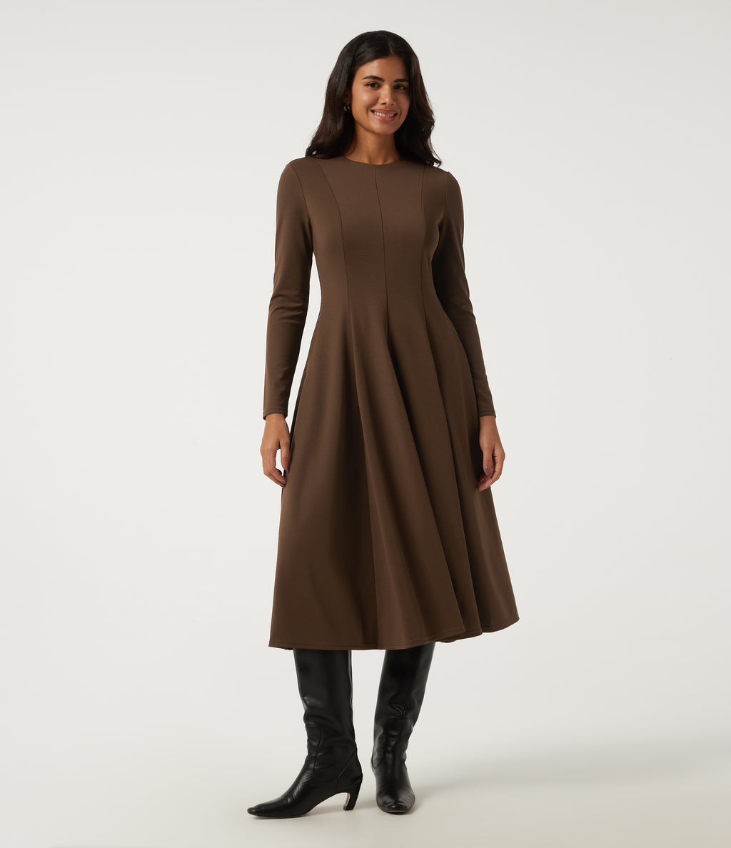 Round Neck Long Sleeve A-Line Party Midi Dress with Pockets — Cocoa — view 3