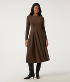Round Neck Long Sleeve A-Line Party Midi Dress with Pockets — Cocoa — view 3