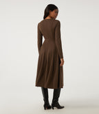 Round Neck Long Sleeve A-Line Party Midi Dress with Pockets — Cocoa — view 2