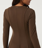 Round Neck Long Sleeve A-Line Party Midi Dress with Pockets — Cocoa — view 5