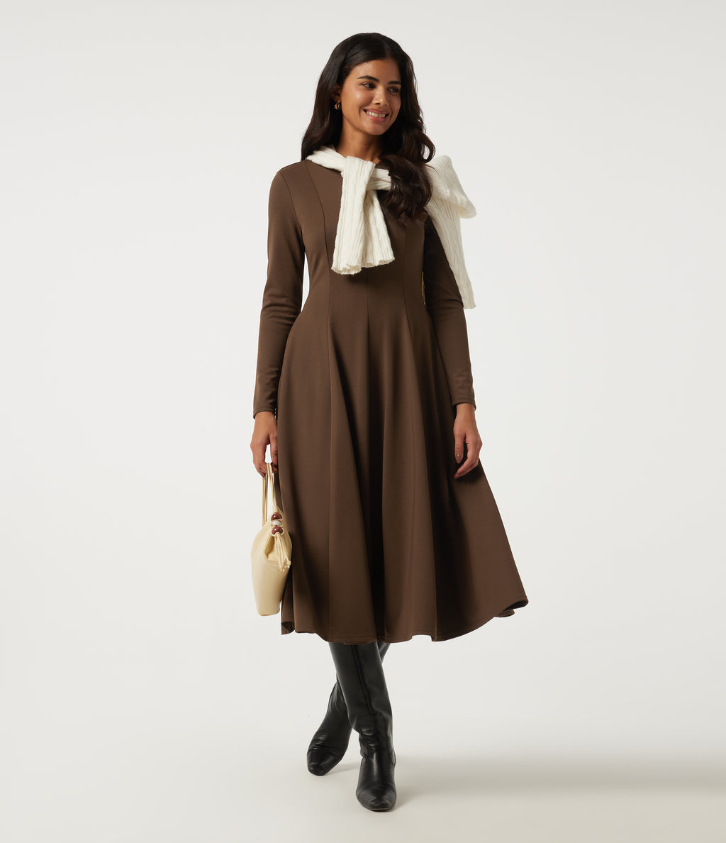 Round Neck Long Sleeve A-Line Party Midi Dress with Pockets — Cocoa — view 7