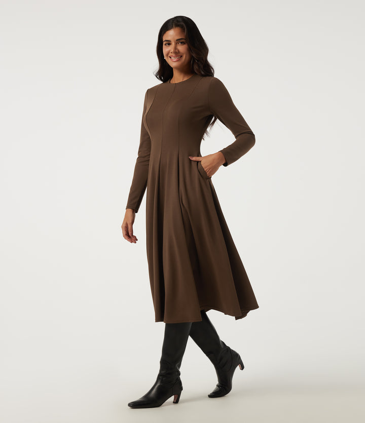 Round Neck Long Sleeve A-Line Party Midi Dress with Pockets — Cocoa — view 1