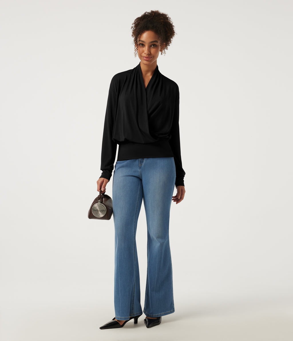 V Neck Long Sleeve Crossover Casual Top — Black — view 7