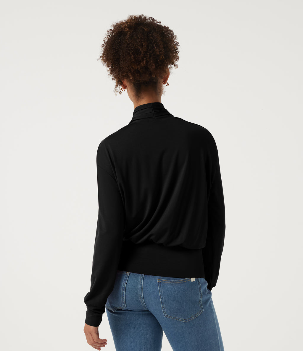 V Neck Long Sleeve Crossover Casual Top — Black — view 2